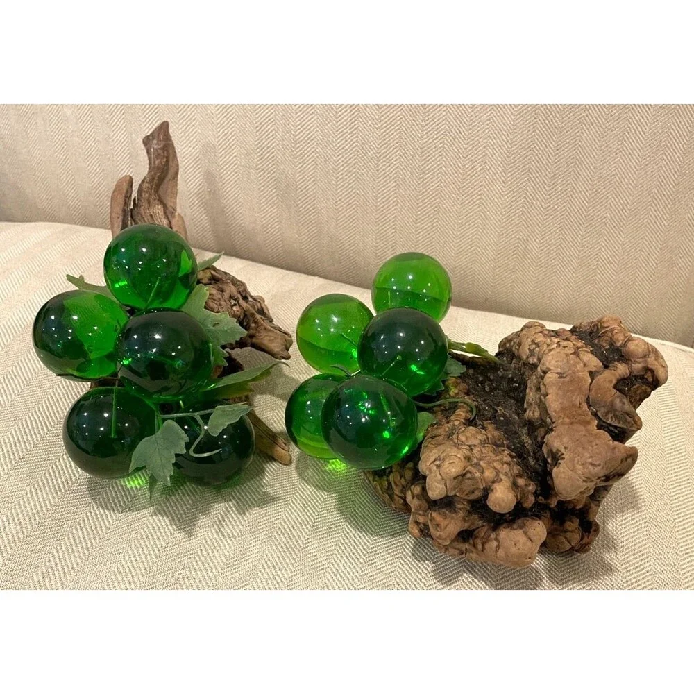 RARE Vintage Large Green Lucite Grape Cluster on Driftwood Burl Wood 8